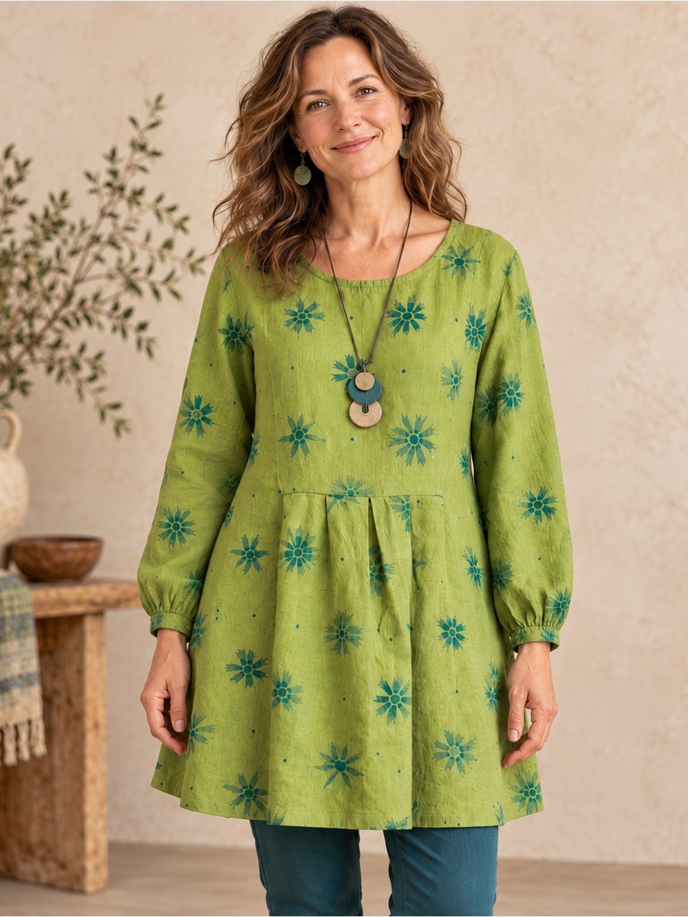 Gudrun Sjödén 100% Linen Green Floral Tunic Top Size Large